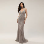 Luxury Nude Beaded High Slit Mermaid Evening Dress