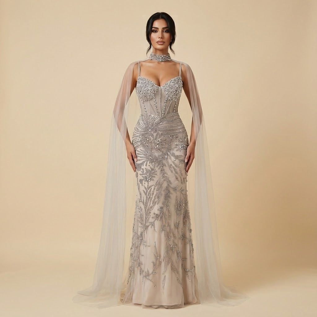 Luxury Evening Dress Grey Beaded With Cape Prom Gown LA73342
