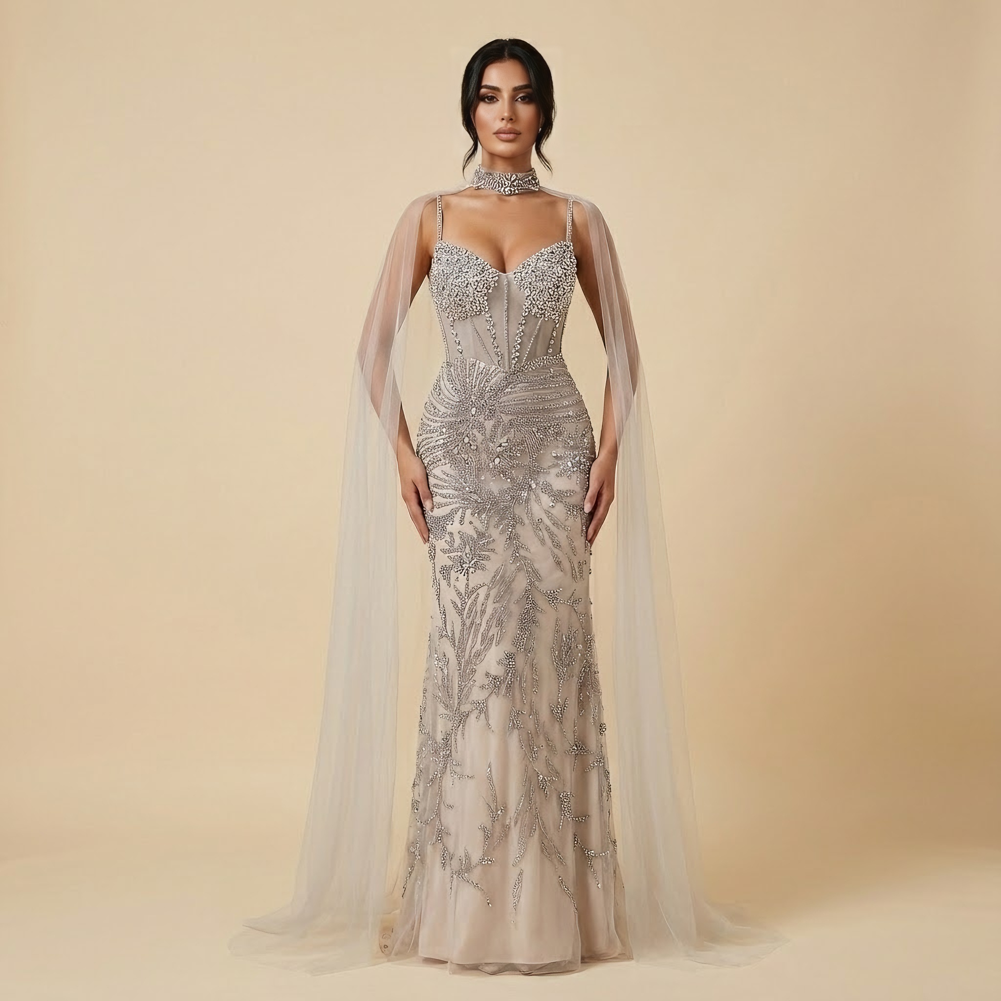 Luxury Evening Dress Grey Beaded With Cape Prom Gown LA73342