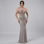 Luxury Nude Halter Feather Crystal Evening Dress