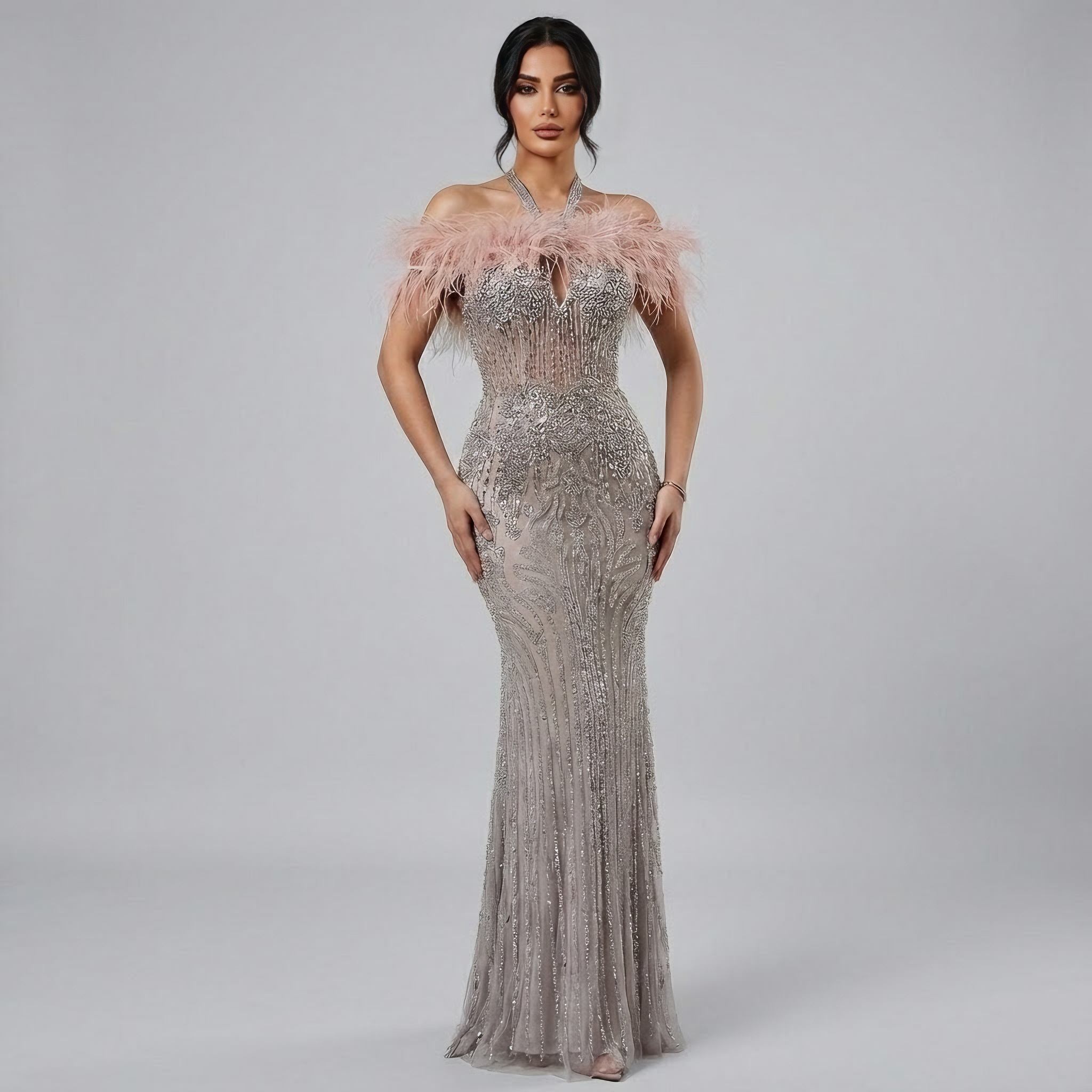 Luxury Nude Halter Feather Crystal Evening Dress