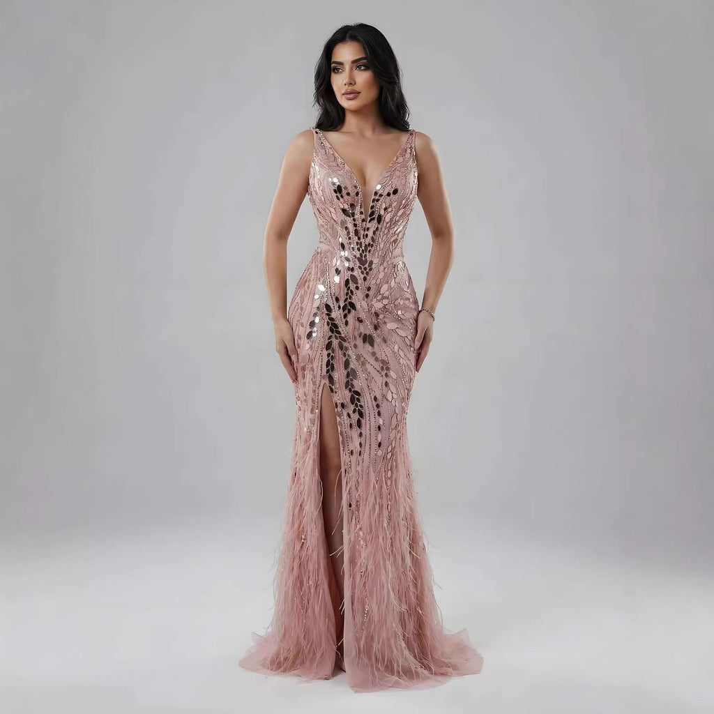 Luxury Blue Beaded Feather Mermaid Evening Dress