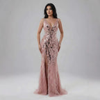 Luxury Blue Beaded Feather Mermaid Evening Dress