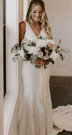 Lace Sheath V-neck Backless Wedding Dresses With Train, Bridal Gowns