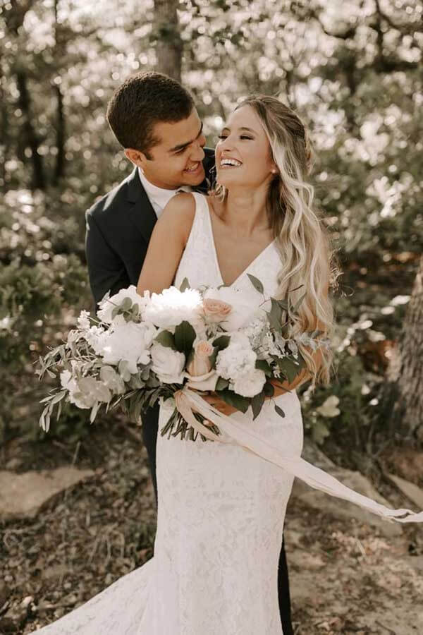 Lace Sheath V-neck Backless Wedding Dresses With Train, Bridal Gowns