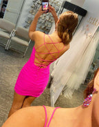 Lace Up Spaghetti Straps Short Homecoming Dress Hot Pink Party Dress