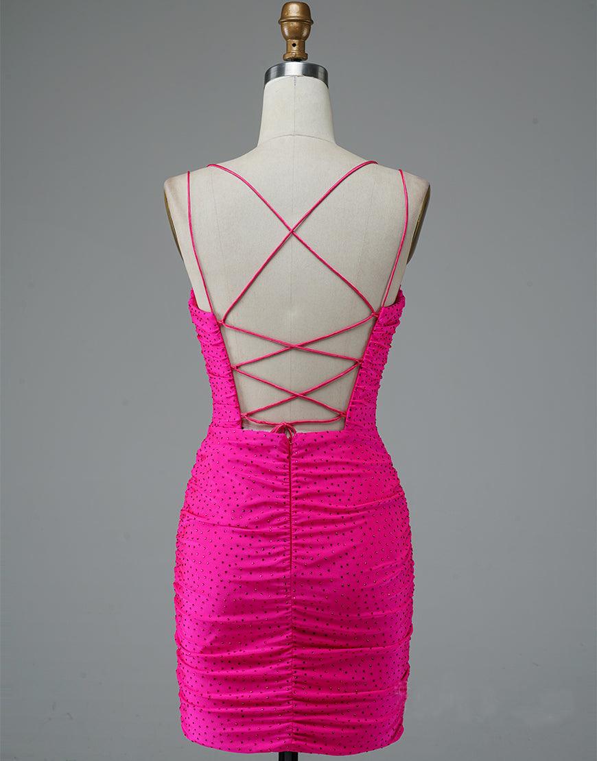 Lace Up Spaghetti Straps Short Homecoming Dress Hot Pink Party Dress