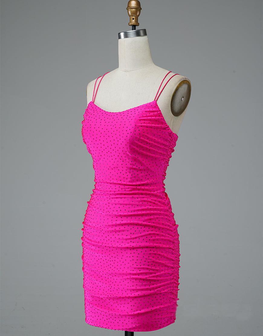Lace Up Spaghetti Straps Short Homecoming Dress Hot Pink Party Dress