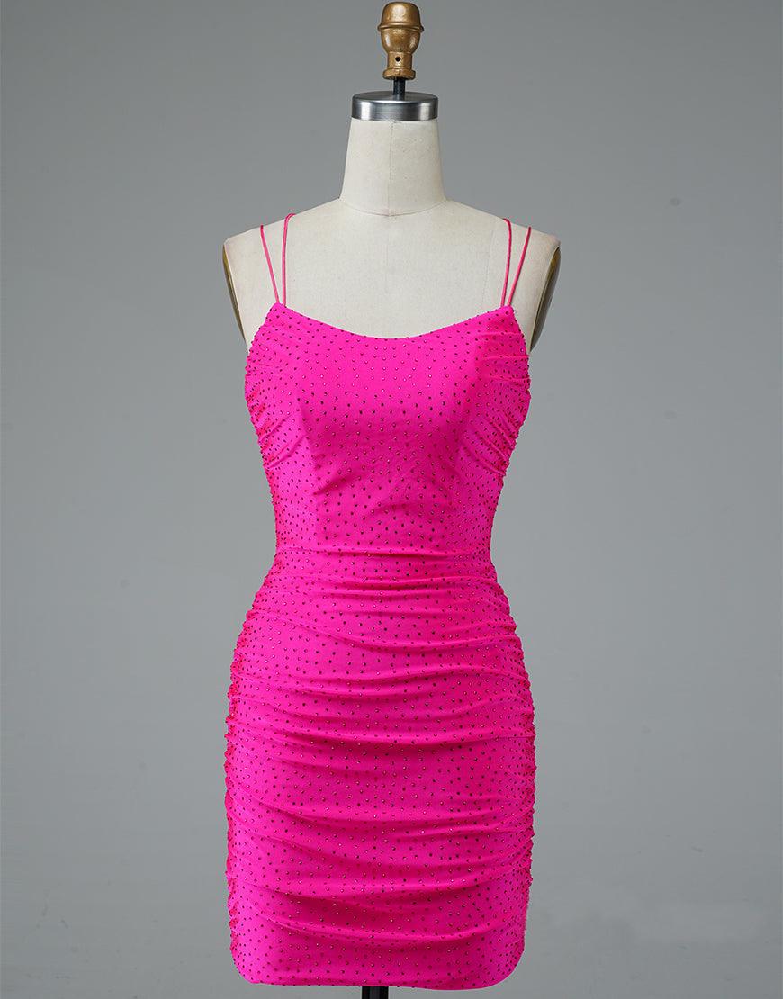 Lace Up Spaghetti Straps Short Homecoming Dress Hot Pink Party Dress