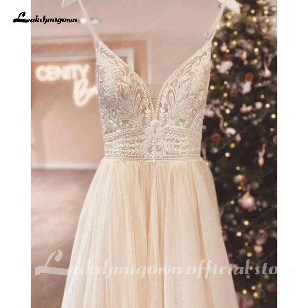 NumberSea NumberSea Spaghetti Straps Champagne Boho Wedding Dress For Women 2025 Vestido Civil Bridal Church Wedding Gowns suknie slubne