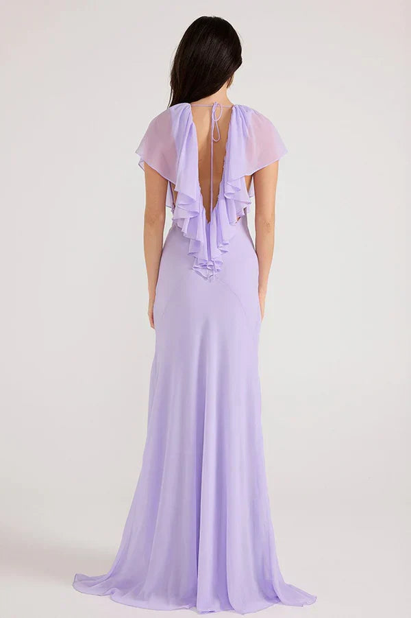 Lavender Chiffon Maxi Prom Dresses with Deep V Neck Ruffle Trim Tie Back Mermaid Skirt for Prom and Garden Wedding