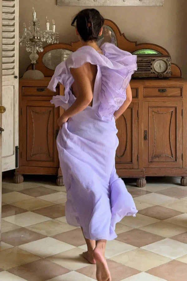 Lavender Chiffon Maxi Prom Dresses with Deep V Neck Ruffle Trim Tie Back Mermaid Skirt for Prom and Garden Wedding