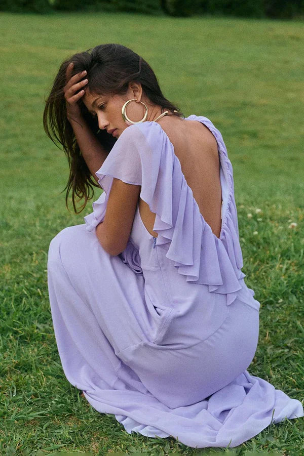 Lavender Chiffon Maxi Prom Dresses with Deep V Neck Ruffle Trim Tie Back Mermaid Skirt for Prom and Garden Wedding