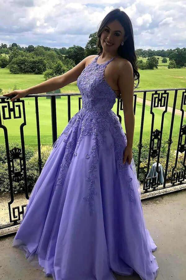 Tulle A-line Halter Lace Appliqued Prom Dresses, Evening Dress