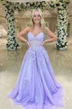Tulle A-line Sweetheart Strapless Lace Appliques Prom Dresses