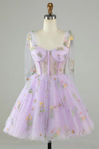 Lavender Tulle Short Prom Dress Homecoming Dress with Embroidery