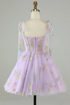 Lavender Tulle Short Prom Dress Homecoming Dress with Embroidery