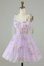 Lavender Tulle Short Prom Dress Homecoming Dress with Embroidery