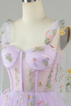 Lavender Tulle Short Prom Dress Homecoming Dress with Embroidery