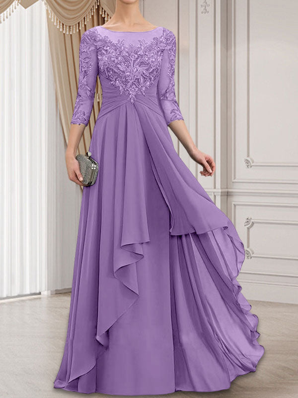 A-line Scoop Illusion Floor-Length Lace Chiffon Mother of the Bride Dress With Cascading Ruffles
