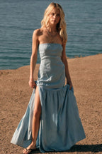 Light Chambray Maxi Dresses with Strapless Neckline High Side Slit Ruffled Hem for Beach Vacation and Weekend Outing