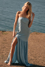 Light Chambray Maxi Dresses with Strapless Neckline High Side Slit Ruffled Hem for Beach Vacation and Weekend Outing
