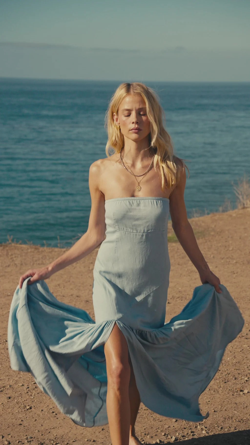 Light Chambray Maxi Dresses with Strapless Neckline High Side Slit Ruffled Hem for Beach Vacation and Weekend Outing