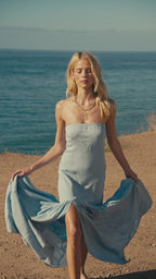 Light Chambray Maxi Dresses with Strapless Neckline High Side Slit Ruffled Hem for Beach Vacation and Weekend Outing