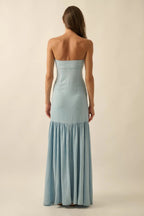 Light Chambray Maxi Dresses with Strapless Neckline High Side Slit Ruffled Hem for Beach Vacation and Weekend Outing