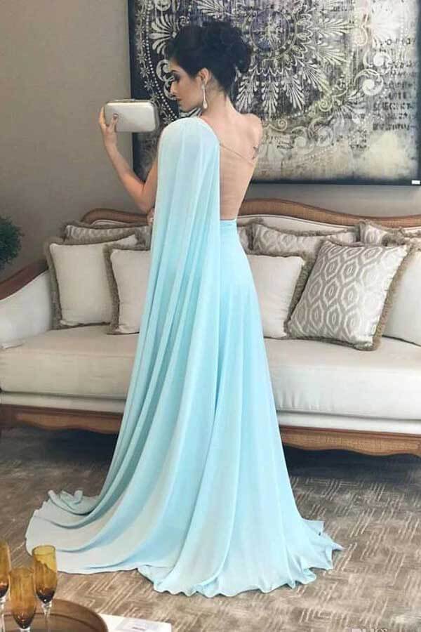 Light Blue Chiffon One Shoulder Bridesmaid Dresses, Wedding Party Dress