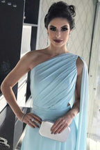 Light Blue Chiffon One Shoulder Bridesmaid Dresses, Wedding Party Dress