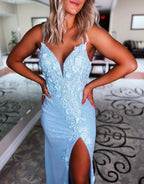 Sheath Spaghetti Straps Sequin Prom Dress With 3D Appliques
