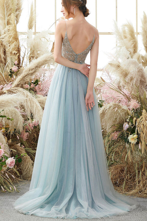 Tulle A-line V-neck Spaghetti Straps Beaded Long Prom Dresses