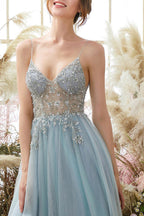 Tulle A-line V-neck Spaghetti Straps Beaded Long Prom Dresses