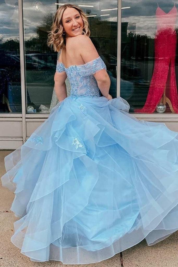 Light Blue Tulle Off-the-Shoulder Tiered A-Line Prom Evening Dress