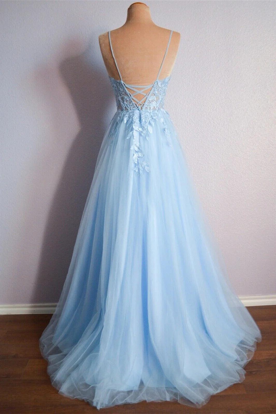 Light Blue V Neck Lace-Up Appliques Tulle Long Prom Dress Evening Dress
