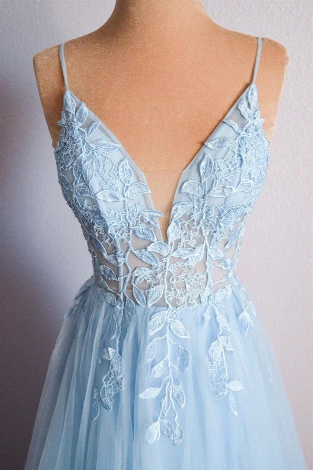 Light Blue V Neck Lace-Up Appliques Tulle Long Prom Dress Evening Dress