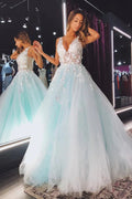 Light Green Tulle A-line V-neck Lace Appliques Prom Dresses, Evening Dress