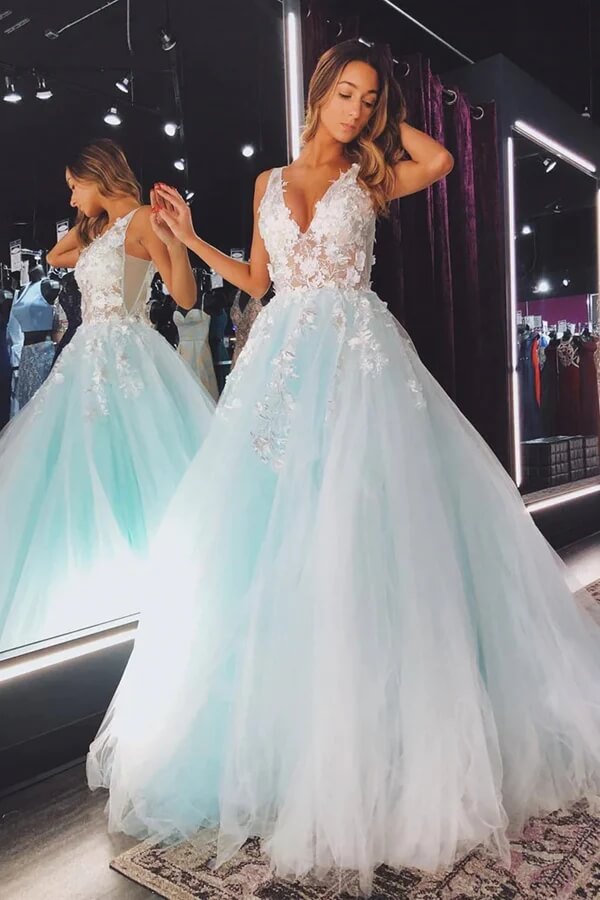 Light Green Tulle A-line V-neck Lace Appliques Prom Dresses, Evening Dress