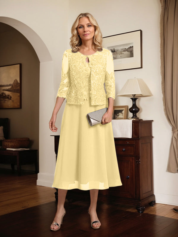 A-line Scoop Tea-Length Lace Chiffon Mother of the Bride Dress With Sequins