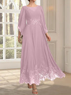 A-line Scoop Illusion Ankle-Length Lace Chiffon Mother of the Bride Dress With Sequins