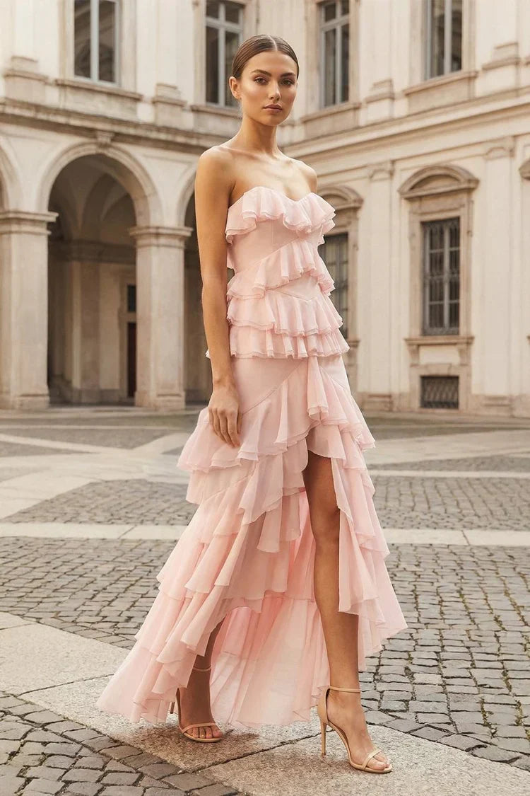 Lilac Strapless Asymmetrical Ruffle Tiered Prom Dresses