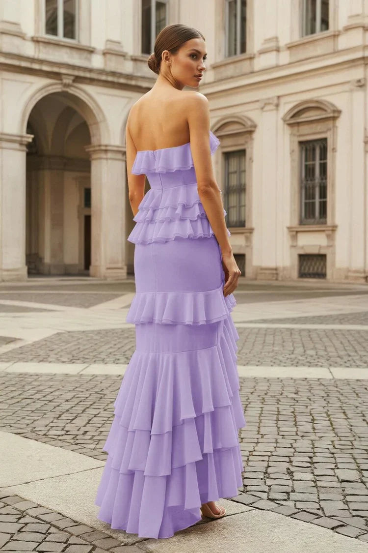 Lilac Strapless Asymmetrical Ruffle Tiered Prom Dresses