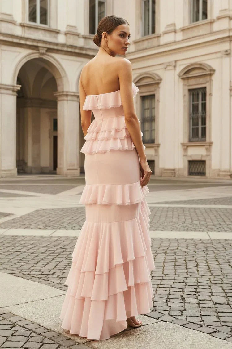 Lilac Strapless Asymmetrical Ruffle Tiered Prom Dresses