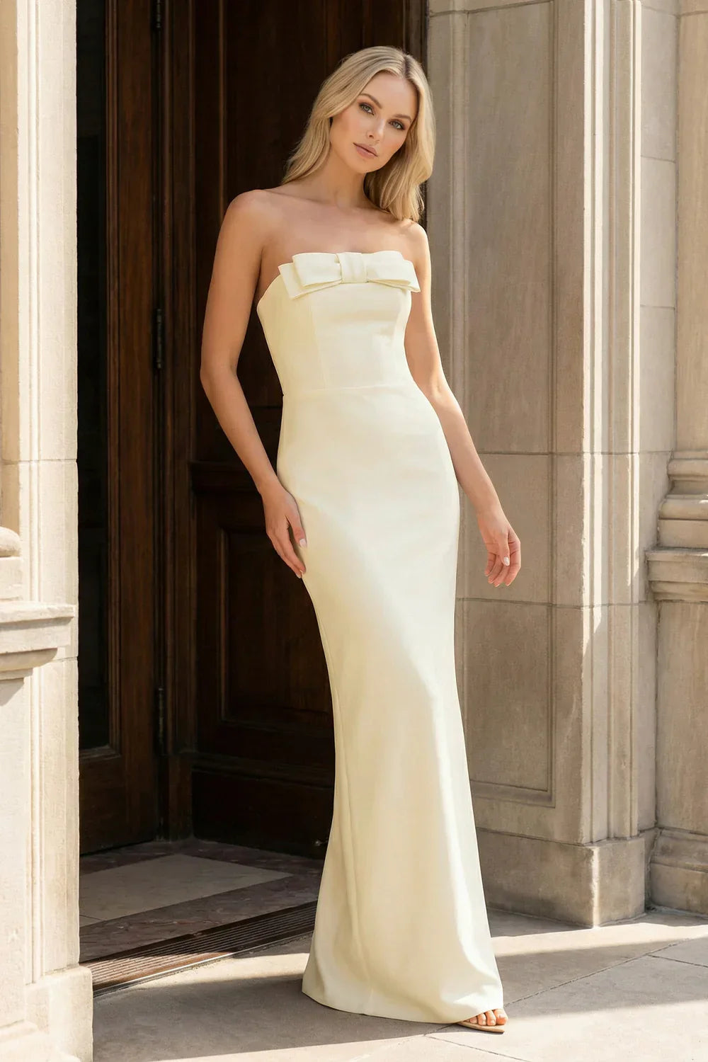 Lilac Strapless Bow Front Lace Up Back Prom Dresses