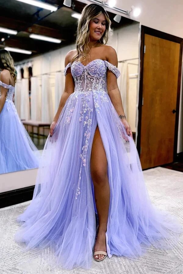 Tulle A-line Off Shoulder Long Prom Dresses With Lace Appliques