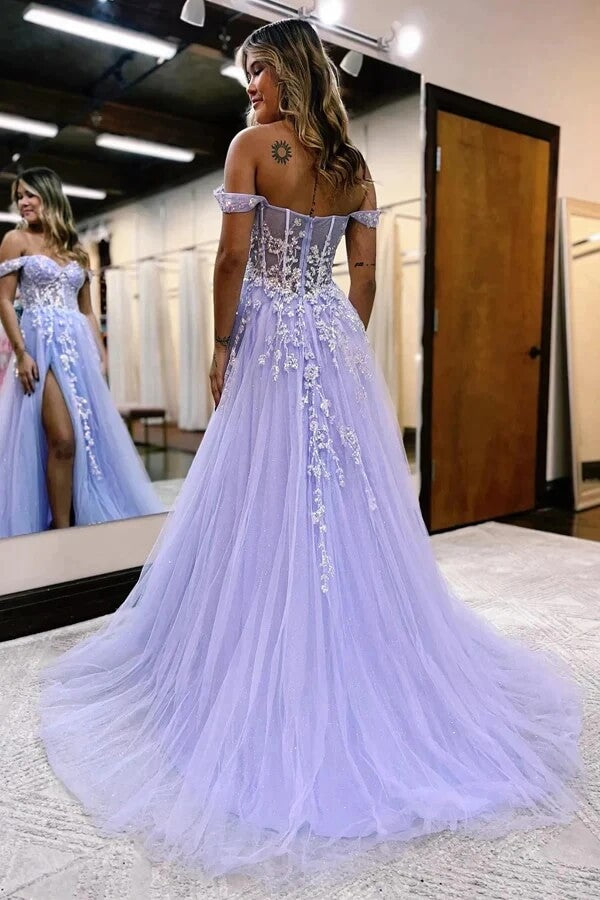 Tulle A-line Off Shoulder Long Prom Dresses With Lace Appliques