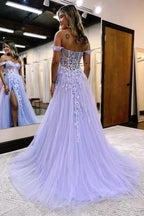 Tulle A-line Off Shoulder Long Prom Dresses With Lace Appliques