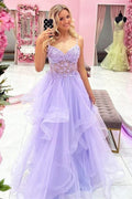 Tulle A-line V-neck Lace Appliques Long Prom Dresses, Evening Gown