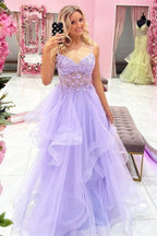 Tulle A-line V-neck Lace Appliques Long Prom Dresses, Evening Gown